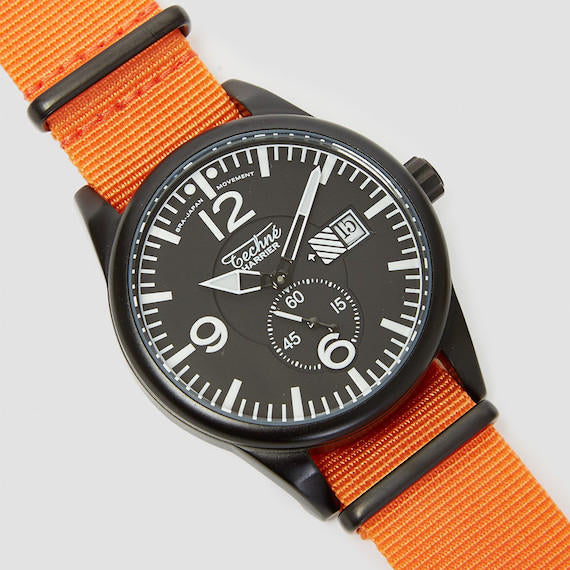 41.0mm tactical quartz watch with nylon 6 strap in orange colour - Guardwolf